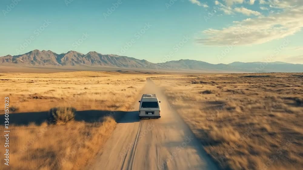 A car drives on a dirt road in the middle of the desert. Smooth repeating motion for background video animation. A car drives on a dirt road in the middle of the desert. Smooth repeating motion for background video animation.