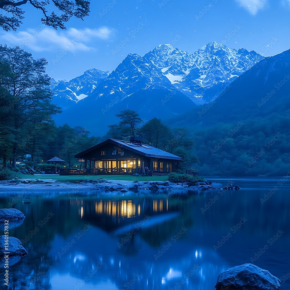 Fototapeta premium A cozy illuminated cabin sits near mountains and water at night