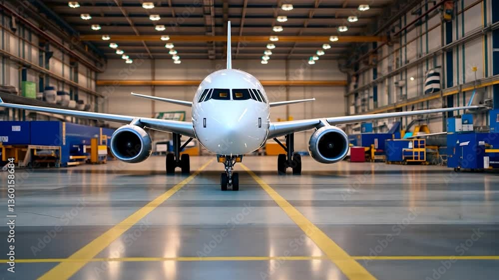 A modern airplane positioned in a spacious hangar, showcasing maintenance preparations and tools A modern airplane positioned in a spacious hangar, showcasing maintenance preparations and tools