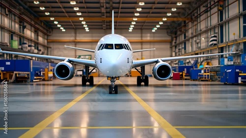 A modern airplane positioned in a spacious hangar, showcasing maintenance preparations and tools