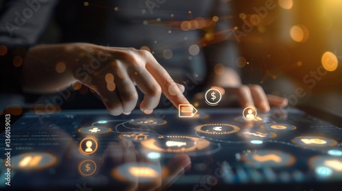 A person is touching a digital tablet screen with a lot of virtual icons.