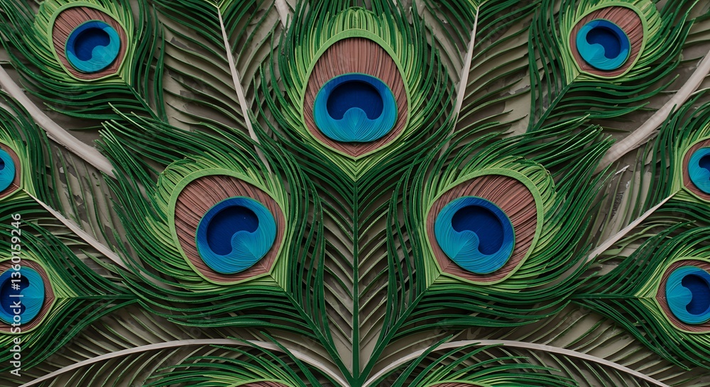 Fototapeta premium A peacock feather is displayed on a white wall, AI 