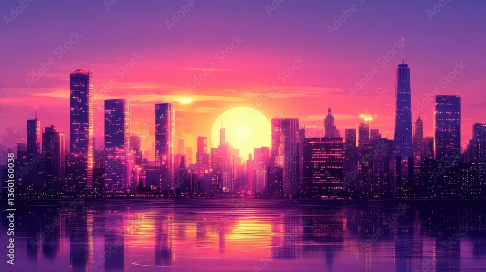 Fototapeta premium Stunning Cityscape at Sunset with Skyscrapers and Vibrant Skyline, Copyspace for Text or Graphics