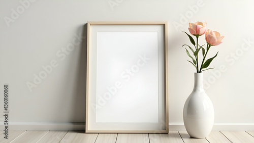 Minimalist Home Decor: Elegant Picture Frame and Flower Vase Arrangement on the Floor - Cute Vector Illustration for Smart Business Aesthetic