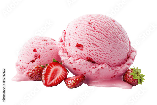 Two scoops of strawberry ice cream with fresh strawberries on a white background close up view
