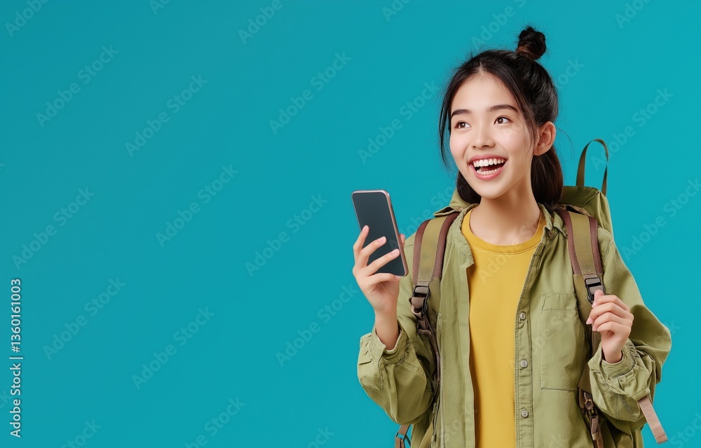 A cheerful young woman with a backpack holds a smartphone, wearing casual attire against a vibrant turquoise background. A cheerful young woman with a backpack holds a smartphone, wearing casual attire against a vibrant turquoise background.