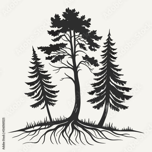 A cluster of three pine trees with sharp triangular  and stylized roots in black vector silhouette