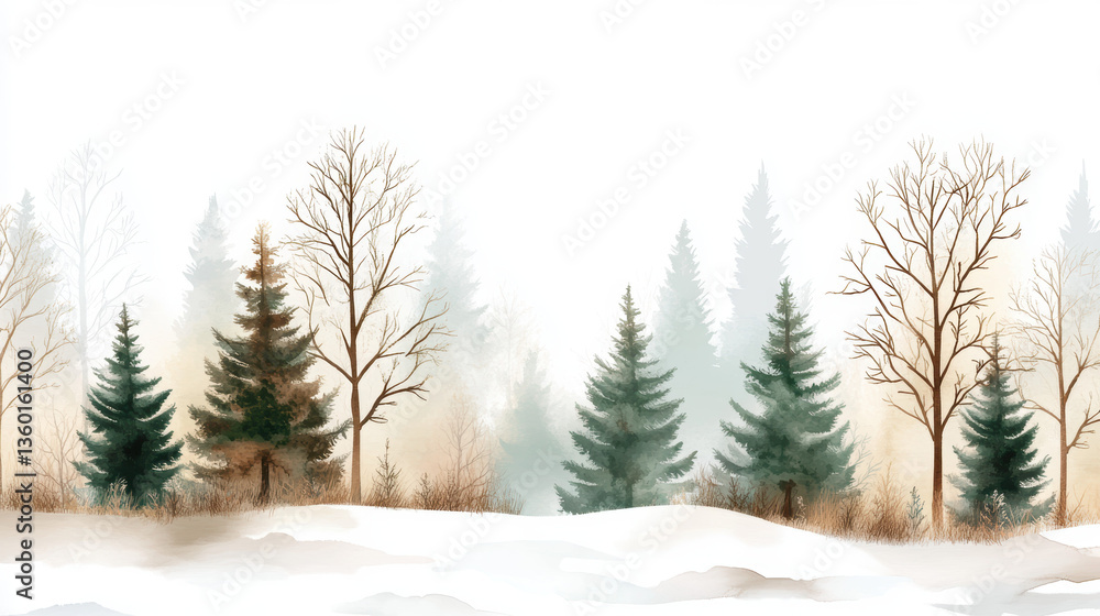 Fototapeta premium serene winter landscape featuring snow covered forest with mix of evergreen and bare trees, muted whites and grays dominate scene, evoking peaceful and tranquil atmosphere