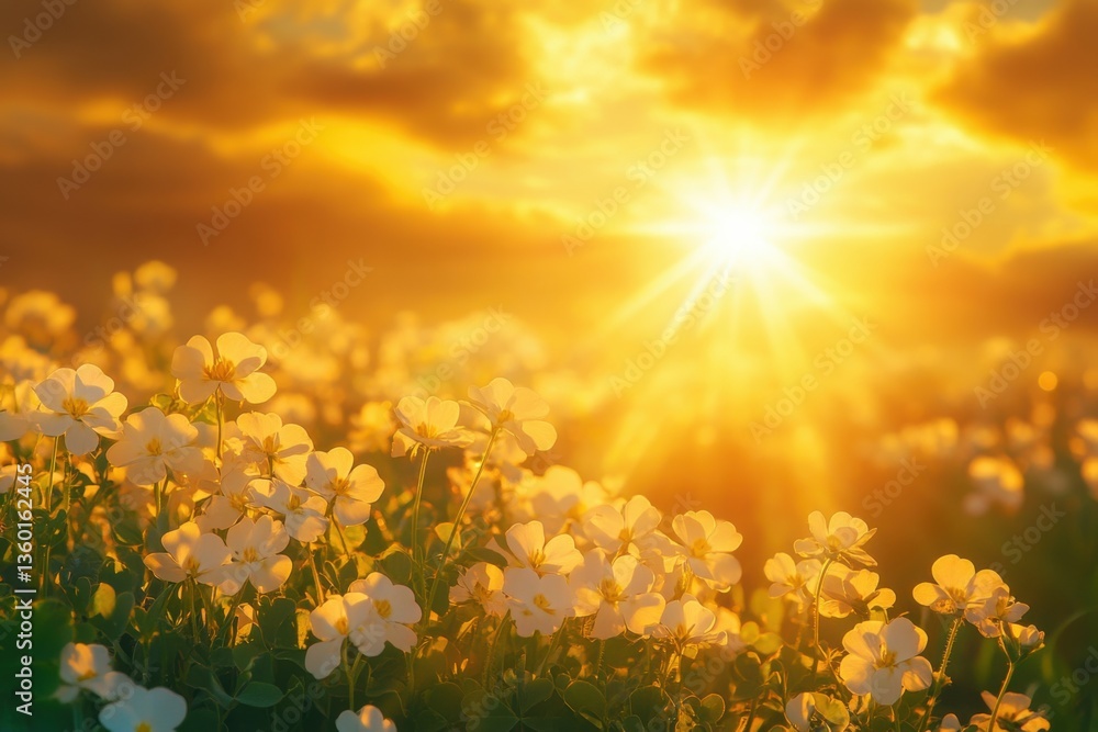 Fototapeta premium Delicate white clover blossoms are illuminated by the sun's golden rays as it rises, symbolizing the unadulterated nature of purity. Generative Ai