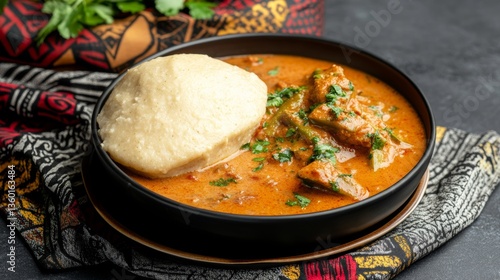 Ghanaian banku paired with spicy okra soup garnished with fresh herbs in a vibrant traditional setting