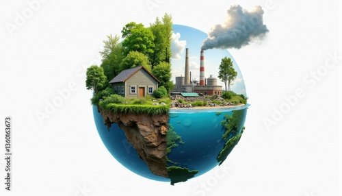 Planet with industry and nature elements representing environmental contrast  