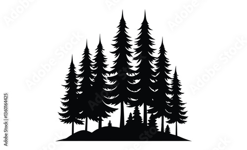 Pine tree forest front silhouette, Forest icon, Pine trees, Black silhouette, Horizontal front side view, Vector simple flat graphic hand drawn illustration, Isolated object on white background