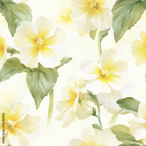 Delicate watercolor primrose painting in soft yellow with gentle leaves creates serene and dreamy ambiance, radiating warm, comforting feeling