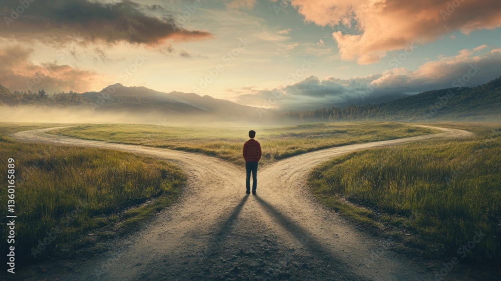 Man Standing at a Fork in the Road Man Standing at a Fork in the Road