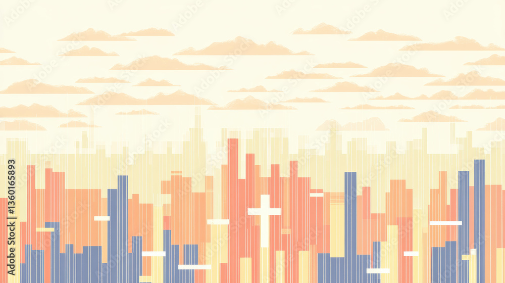 Fototapeta premium pastel colored abstract cityscape with muted tones, featuring vertical bar shapes resembling buildings and soft clouds in background. design has flat, modern aesthetic with calming atmosphere