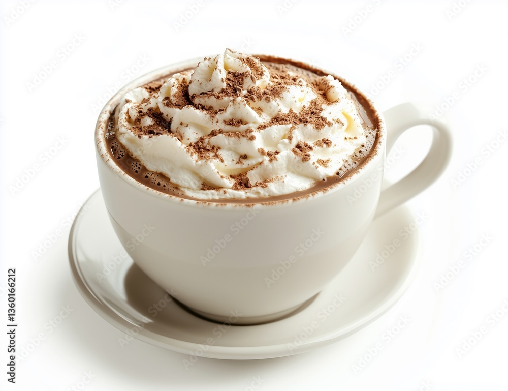 Hot chocolate with whipped cream and chocolate shavings in a white mug on white background Hot chocolate with whipped cream and chocolate shavings in a white mug on white background