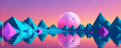 Low-Poly 3D Digital Render. Vibrant Colorful Low Poly Landscape for Backgrounds, Backdrops, Wallpaper, Design	
