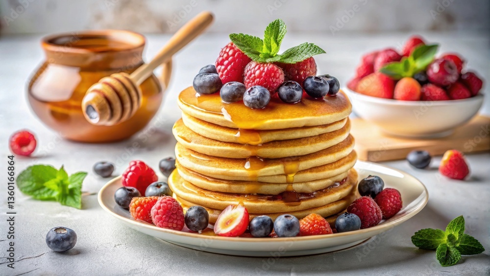 A delectable stack of golden pancakes, adorned with fresh blueberries and raspberries, drizzled with honey, and garnished with a sprig of mint. A delectable stack of golden pancakes, adorned with fresh blueberries and raspberries, drizzled with honey, and garnished with a sprig of mint.