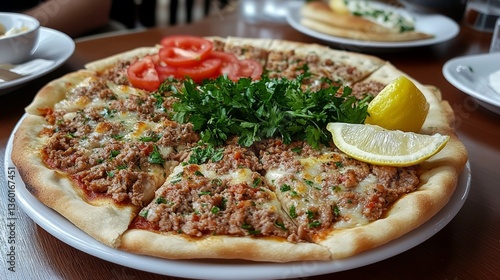Wallpaper Mural Delicious Turkish lahmacun featuring thin flatbread topped with minced meat, tomatoes, and spices, garnished with parsley and lemon, served alongside ayran Torontodigital.ca