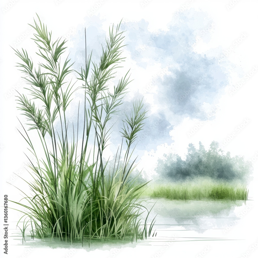 Fototapeta premium Serene Watercolor Landscape of Grasses by Water Under a Cloudy Sky