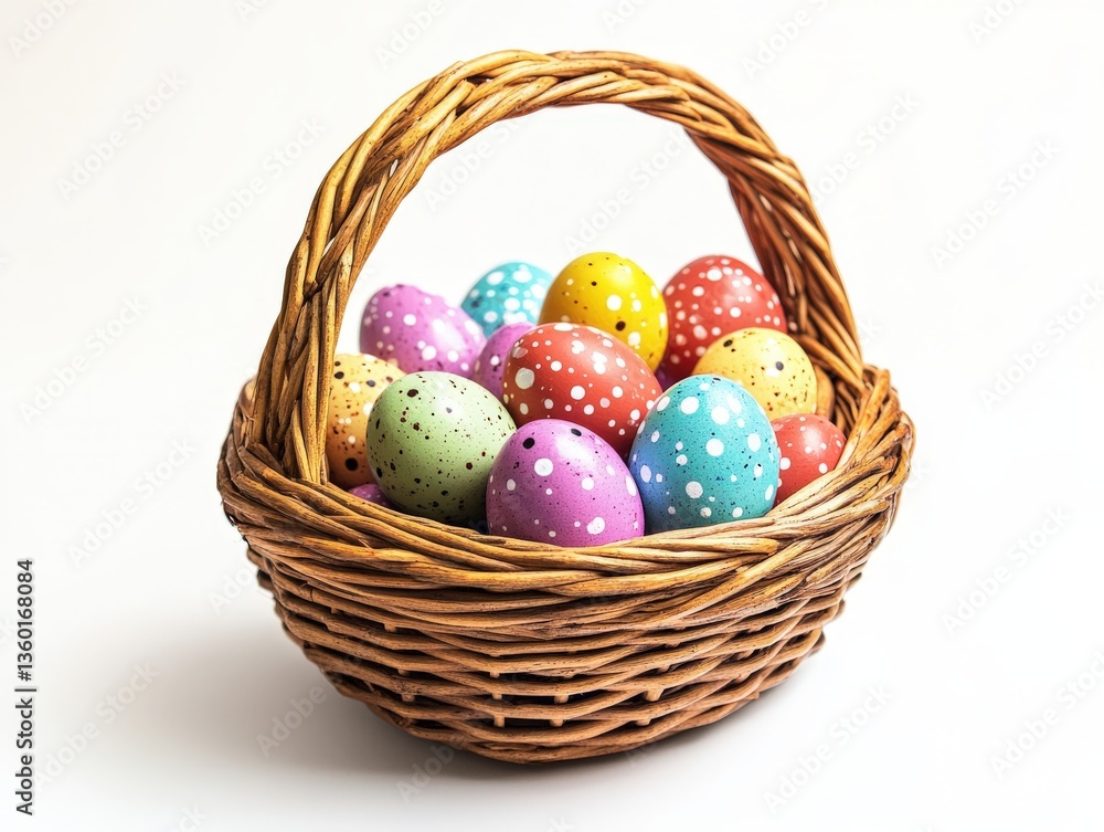 Colorful Easter eggs in a wicker basket on a white background – perfect for festive spring designs, holiday decor, greeting cards, and seasonal advertising. Colorful Easter eggs in a wicker basket on a white background – perfect for festive spring designs, holiday decor, greeting cards, and seasonal advertising.