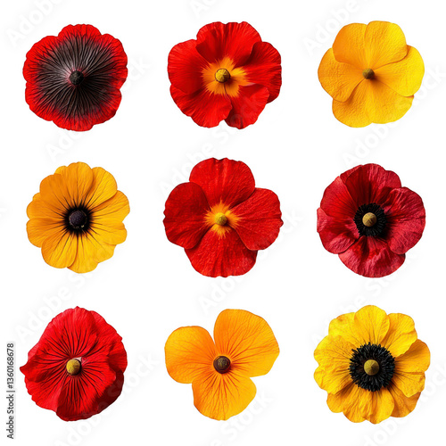 Wallpaper Mural A Nine vibrant flowers in red, yellow, and orange hues are arranged in grid, showcasing their unique petal patterns and textures. Each flower displays distinct center, adding to visual appeal Torontodigital.ca