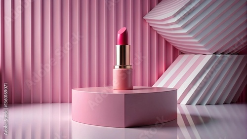 Lipstick mockup in pink pedestal and abstract geometric shapes background.

