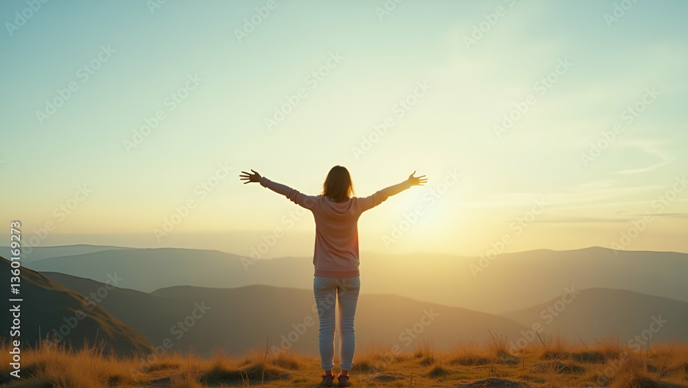 Embrace Freedom and Vitality: A Young Beautiful Woman on a Hilltop in a Simple Flat Vector Illustration - Symbolizing Strength and Joy in Nature Embrace Freedom and Vitality: A Young Beautiful Woman on a Hilltop in a Simple Flat Vector Illustration - Symbolizing Strength and Joy in Nature