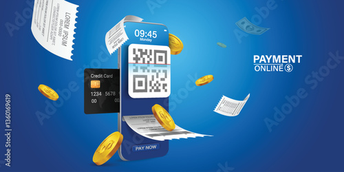 Bill of expenses is on mobile phone.Pay bills with mobile phone.Online shopping spending.Online shopping via smartphone.Bill payment flat isometric vector concept of mobile payment, shopping, banking.