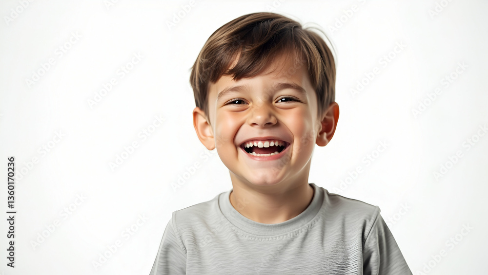 Happy Boy Laughing at Camera: Innocence and Joy on White Background Happy Boy Laughing at Camera: Innocence and Joy on White Background