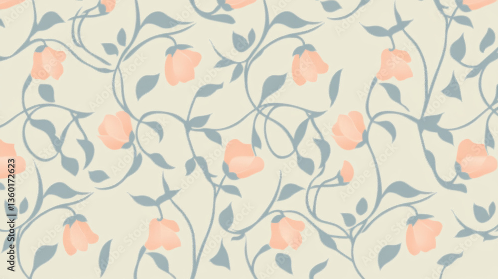 seamless floral pattern featuring soft pink flowers with green leaves and vines on light beige background, creating delicate and elegant design seamless floral pattern featuring soft pink flowers with green leaves and vines on light beige background, creating delicate and elegant design