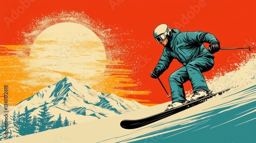 Skier Descending Snowy Mountain at Sunset Pixel Art Illustration
