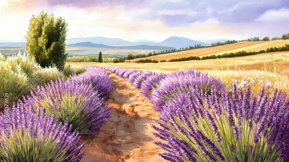 Obraz premium serene lavender field with rows of blooming purple flowers stretches into distance, surrounded by golden fields and distant hills under soft, pastel sky