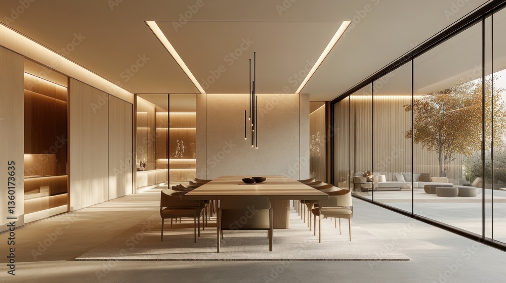 Fototapeta premium A modern conference room with a large table, stylish chairs, and pendant lighting. Glass partitions and minimalist design contribute to a contemporary space.