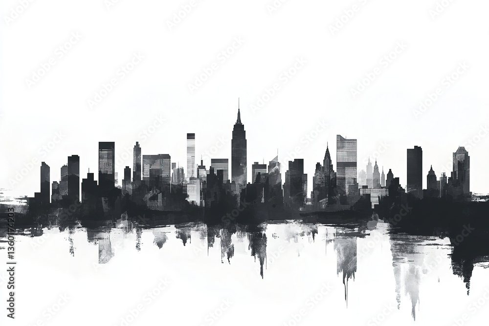 Fototapeta premium Abstract Black and White Panorama Featuring New York City Skyline and Reflection