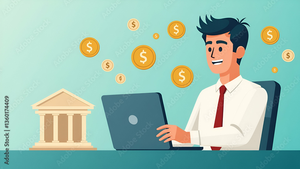 Flat Online Banking: A Cute Vector Illustration of a Man Using Virtual Currency for Global Interbank Payments and Money Transfers in Business Finance Flat Online Banking: A Cute Vector Illustration of a Man Using Virtual Currency for Global Interbank Payments and Money Transfers in Business Finance
