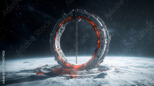 Fototapeta Naklejka Na Ścianę i Meble -  A colossal space station circles a planet. This artwork could be used as a futuristic wallpaper or concept art for a sci-fi game.