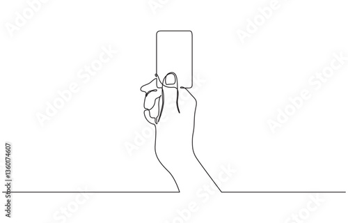 Continuous one line drawing of hand holding credit card, Bank card in hand icon line continuous drawing vector. One line Contactless payment card template icon vector background.