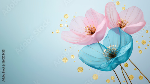 Three flowers are shown on a blue background