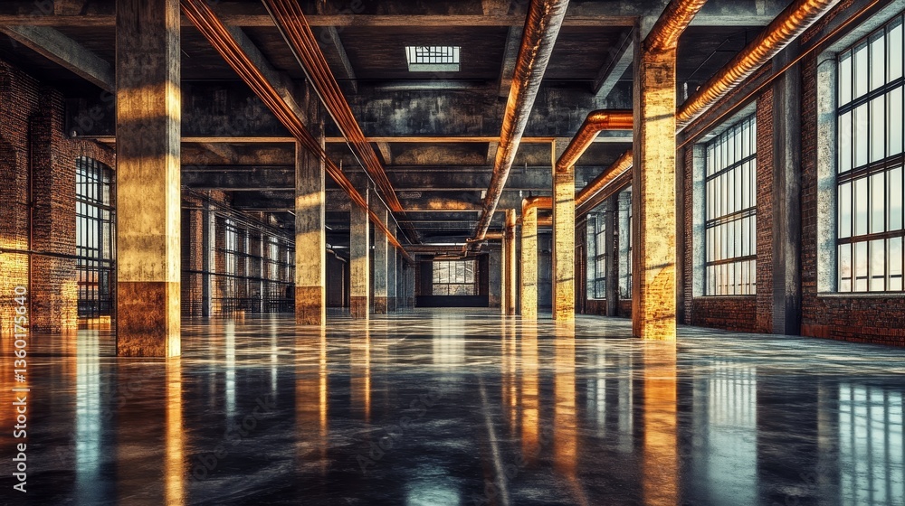 Fototapeta premium Industrial interior showcasing polished concrete floors and exposed brick walls with natural light