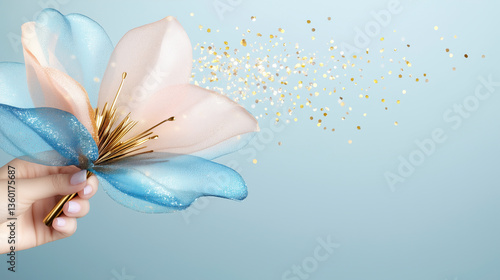A hand holding a flower with blue and pink petals
