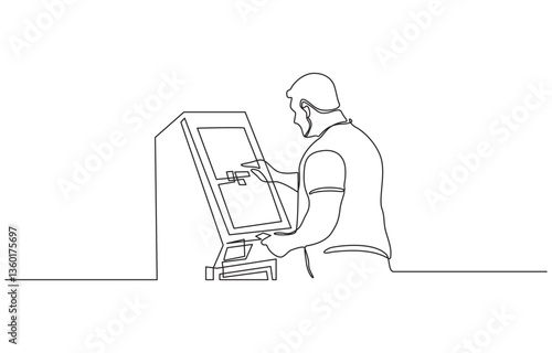 Continuous line of man taking money from the ATM, Handsome man taking money from the ATM. Professional illustration isolated on white background.