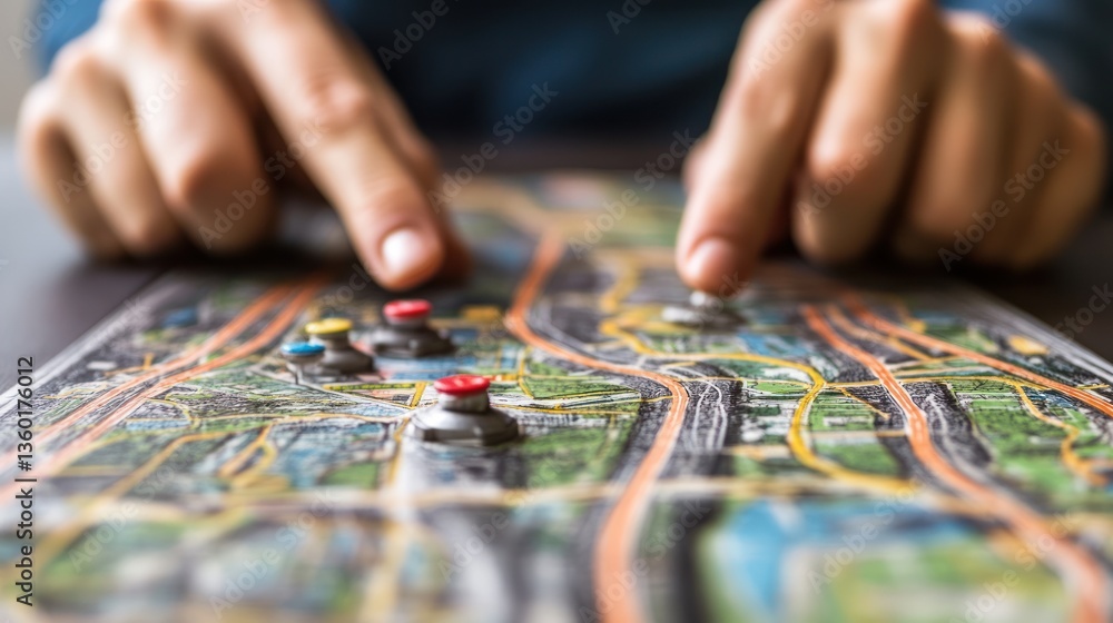 Hands pointing at map with markers Hands pointing at map with markers