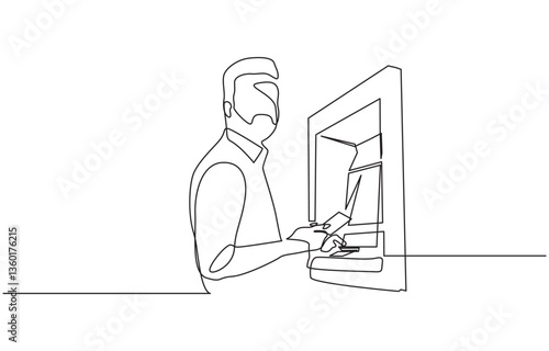 Continuous line of man taking money from the ATM, Handsome man taking money from the ATM. Professional illustration isolated on white background.