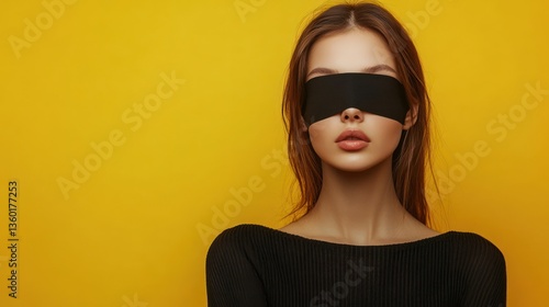 A woman is wearing a black blindfold