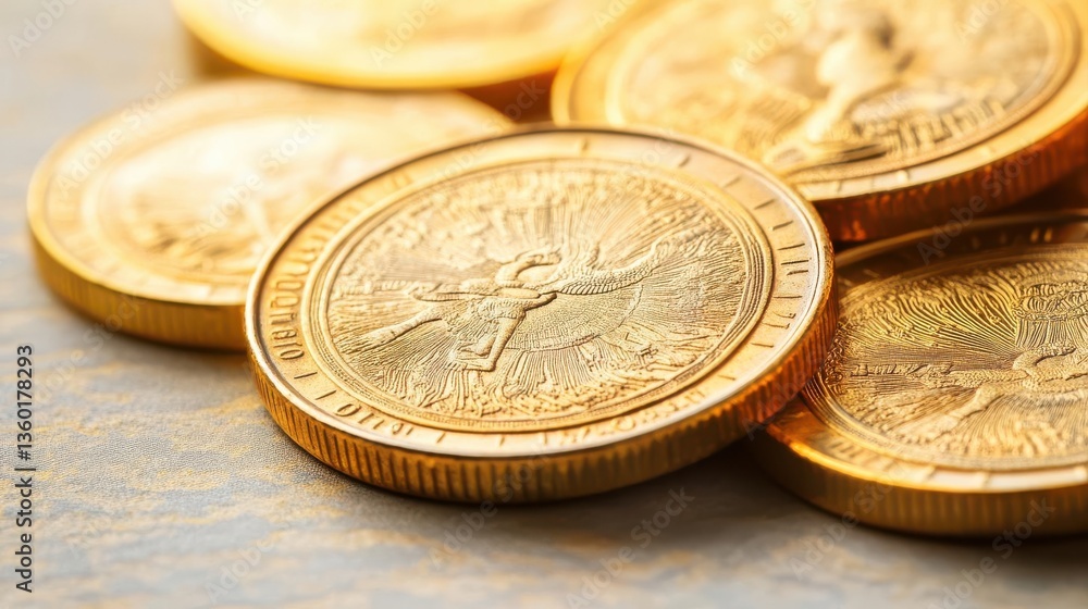 Time-worn gold coins with engravings of lost civilizations, covered in dust Time-worn gold coins with engravings of lost civilizations, covered in dust