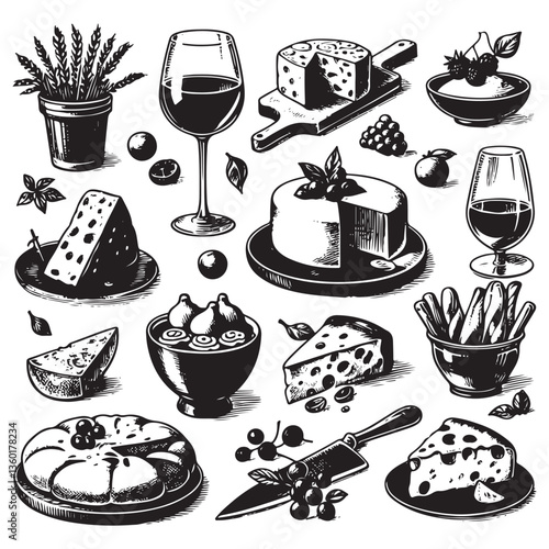 chalk food vector illustrations. wedding dinner icons, wine or champagne glass, cheese, and charcuterie drawings for wedding invitations, cafe menus, and parties