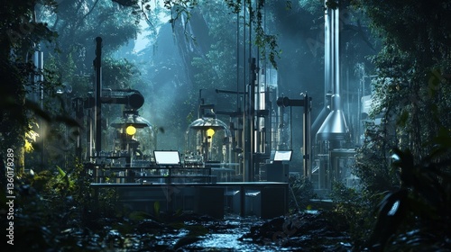 Fototapeta Naklejka Na Ścianę i Meble -  A 3D-rendered biotech lab in a dense forest, biotechnology ecology, and blending nature with futuristic technology
