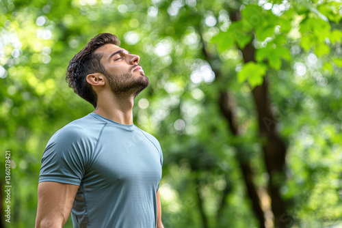 A man enjoys nature, gazing upwards with a relaxed expression amidst lush greenery, embodying peace and tranquility.