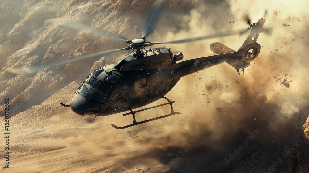 Naklejka premium A black military helicopter flies low over a desert landscape, kicking up sand and dust as it maneuvers through the air.